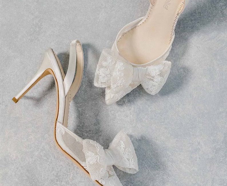 lace wedding shoes with bow tulle
